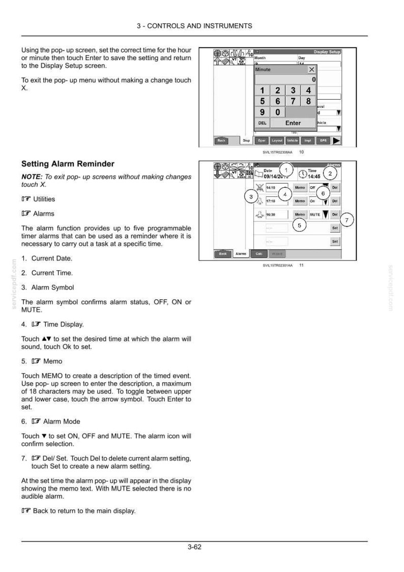 May include: A technical manual page titled 3-CONTROLS AND INSTRUMENTS featuring instructions for setting alarm reminders. It includes two black and white diagrams of a digital display interface with numbered callouts and text explaining the process.