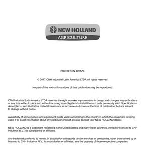 May include: A white document with the New Holland Agriculture logo in a gray rectangle. The text includes the company's address in Brazil, service information, copyright details, and trademark information.
