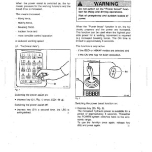 May include: Technical handbook page with instructions on power assist and power boost functions. Includes diagrams of control panel and joystick, with warnings about operation and potential risks. Text in English.