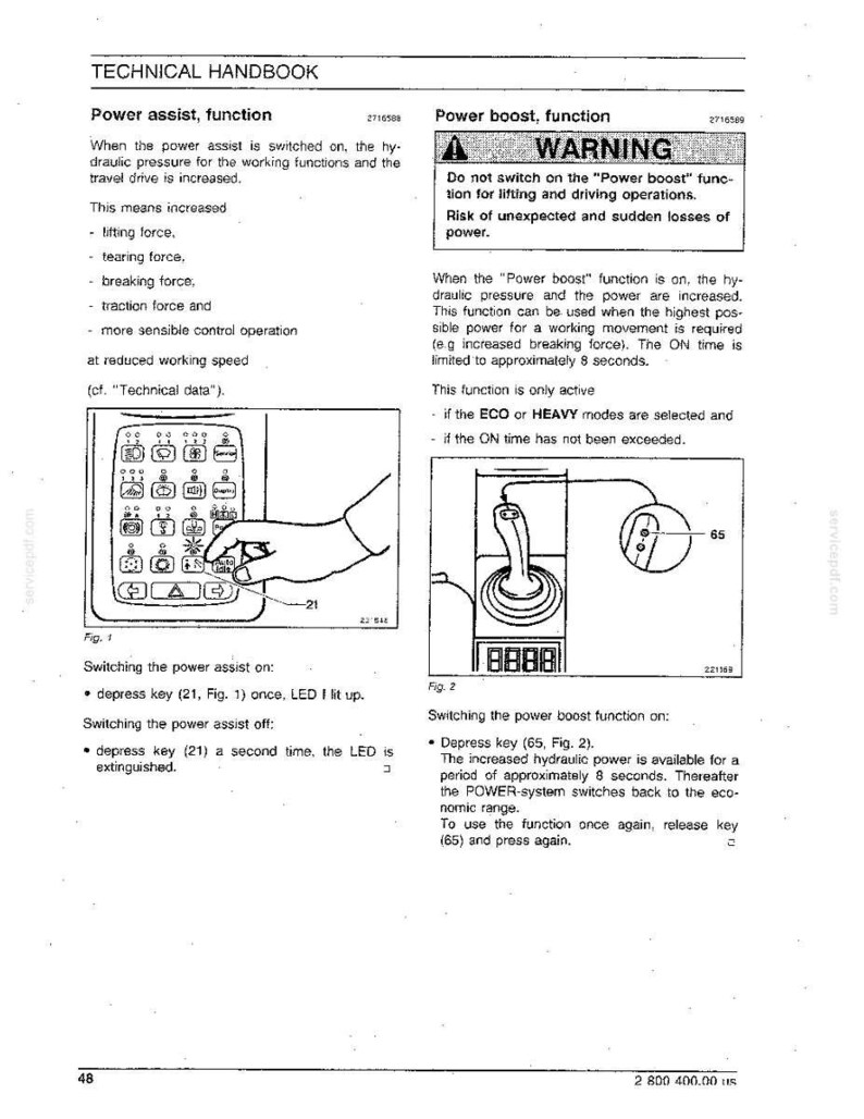 May include: Technical handbook page with instructions on power assist and power boost functions. Includes diagrams of control panel and joystick, with warnings about operation and potential risks. Text in English.