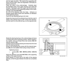 May include: Diagram of a swing ring assembly installation process, including detailed instructions and illustrations. The text includes steps for cleaning, applying adhesive, and tightening screws. Measurements are in lb ft.