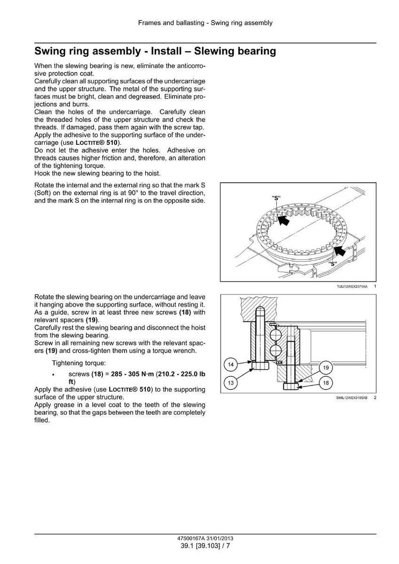 May include: Diagram of a swing ring assembly installation process, including detailed instructions and illustrations. The text includes steps for cleaning, applying adhesive, and tightening screws. Measurements are in lb ft.