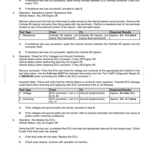 May include: A diagnostic document with tables and text detailing ECU testing procedures. Includes resistance, voltage, and continuity tests, with expected results and pin locations. The document is for automotive repair.