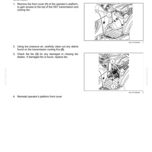 May include: A technical manual page titled 7-MAINTENANCE, detailing instructions for HST transmission cooling fins and fan. It includes numbered steps and two black and white line drawings showing the operator platform, transmission, and cooling fan.