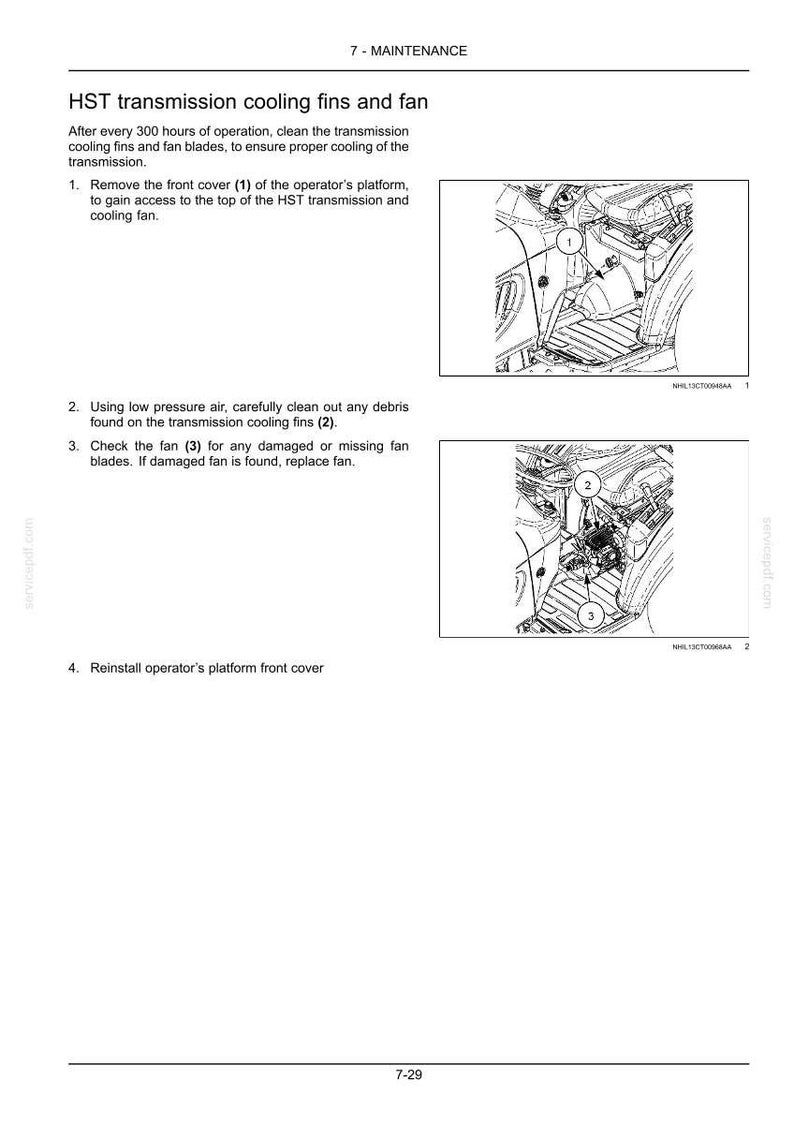 May include: A technical manual page titled 7-MAINTENANCE, detailing instructions for HST transmission cooling fins and fan. It includes numbered steps and two black and white line drawings showing the operator platform, transmission, and cooling fan.