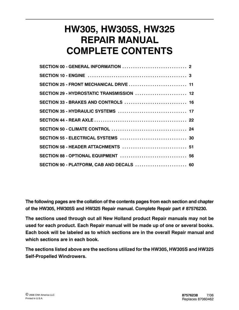 Manuale di officina per la riparazione e la manutenzione delle andanatrici semoventi New Holland HW305, HW305S, HW325 / Download PDF immediato immagine 3