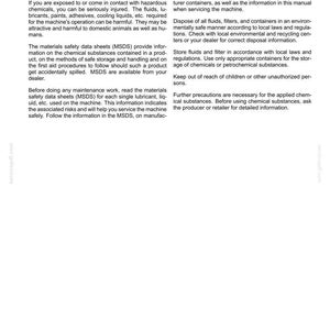 May include: A document page titled 2-SAFETY INFORMATION, Safety rules - Hazardous chemicals. It contains text regarding safety precautions for handling hazardous chemicals, lubricants, and fluids, including references to MSDS and disposal.