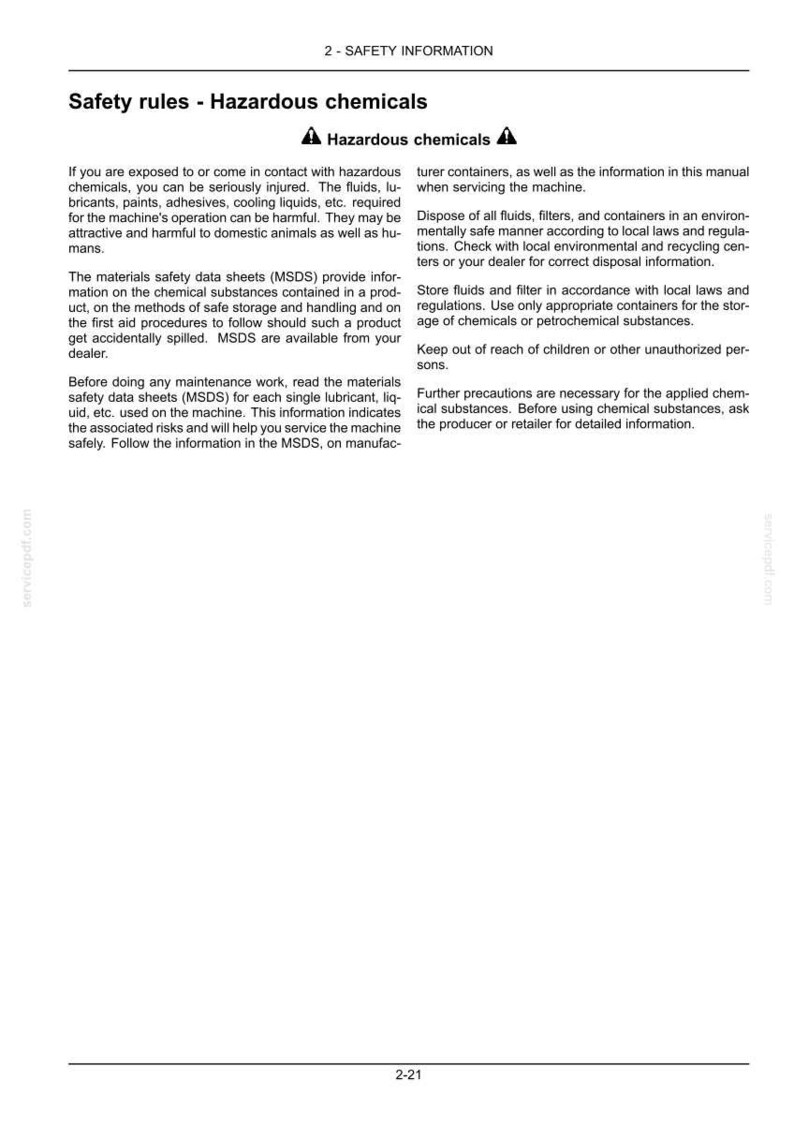 May include: A document page titled 2-SAFETY INFORMATION, Safety rules - Hazardous chemicals. It contains text regarding safety precautions for handling hazardous chemicals, lubricants, and fluids, including references to MSDS and disposal.