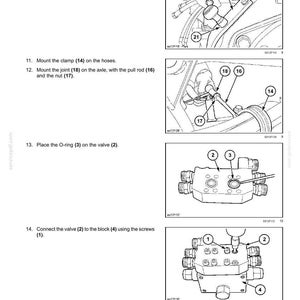 May include: Diagram of a hydrostatic drive system with reservoir, cooler, and lines. The image shows steps for mounting components, including a protection piece, cover with a bolt, clamp on hoses, and a joint on an axle.
