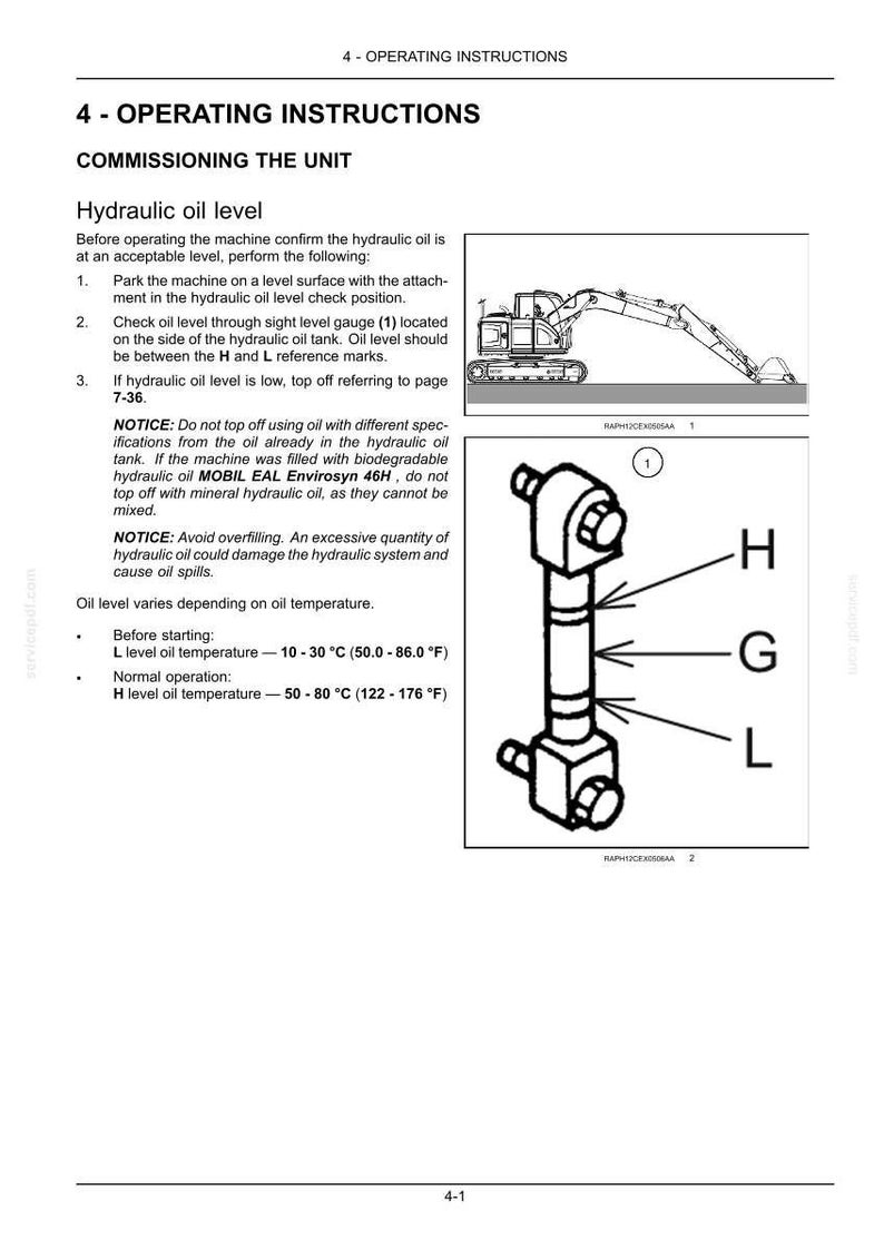 May include: A technical document page titled 4 - OPERATING INSTRUCTIONS, featuring text about hydraulic oil levels, a line drawing of an excavator, and a diagram of a sight level gauge labeled with H, G, and L markers for oil level reference.
