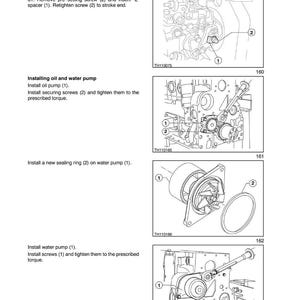 May include: Page from a technical manual showing engine assembly diagrams. The page includes diagrams for installing oil and water pumps, with labels and instructions. The text includes steps for removing and installing components, with part numbers and torque specifications.
