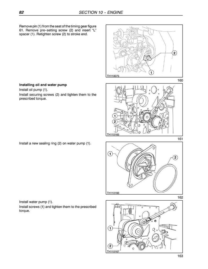 May include: Page from a technical manual showing engine assembly diagrams. The page includes diagrams for installing oil and water pumps, with labels and instructions. The text includes steps for removing and installing components, with part numbers and torque specifications.