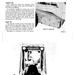 May include: A technical manual page featuring a weight kit installed on a loader frame, labeled Figure 54, and a New Holland skid steer loader front view with work lights, labeled Figure 55, including instructional text for installation and parts.