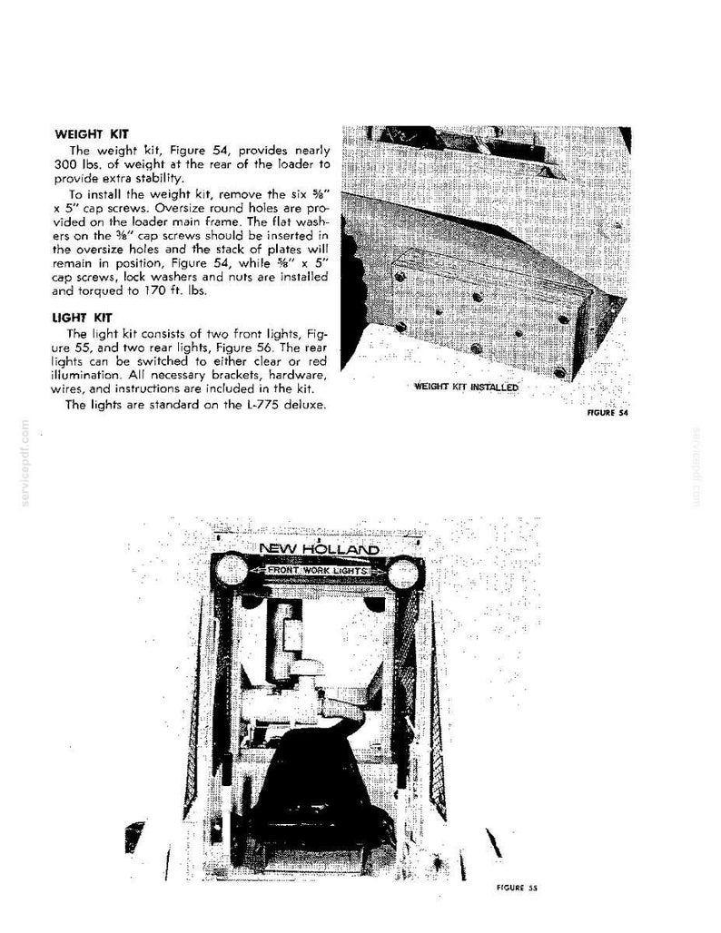 May include: A technical manual page featuring a weight kit installed on a loader frame, labeled Figure 54, and a New Holland skid steer loader front view with work lights, labeled Figure 55, including instructional text for installation and parts.