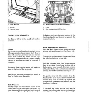 Pu&ograve; includere: Una pagina di manuale tecnico intitolata CONTROLS, INSTRUMENTS AND OPERATION con due disegni al tratto in bianco e nero di finestrini di trattore. La figura 13 mostra una maniglia e viti del finestrino laterale. La figura 14 mostra un lunotto.