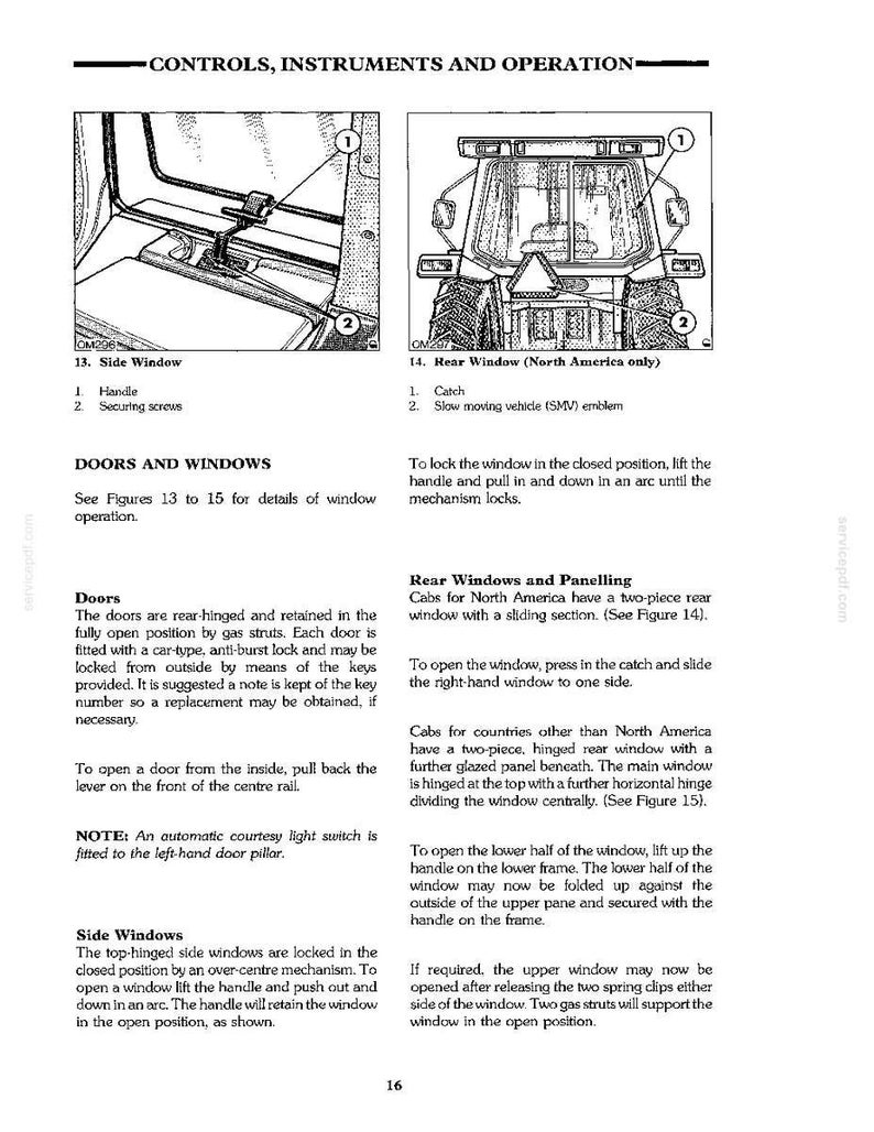 Pu&ograve; includere: Una pagina di manuale tecnico intitolata CONTROLS, INSTRUMENTS AND OPERATION con due disegni al tratto in bianco e nero di finestrini di trattore. La figura 13 mostra una maniglia e viti del finestrino laterale. La figura 14 mostra un lunotto.