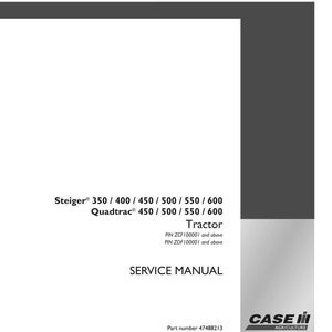 May include: A white and grey service manual for Steiger and Quadtrac tractors. The manual includes model numbers 350 to 600. The Case IH Agriculture logo is in the lower right corner. The manual's part number is 47488213.