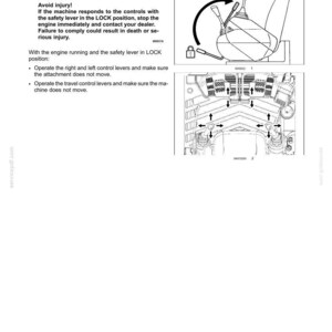 May include: Diagram from an operating manual showing safety lever instructions. The image includes illustrations of a control panel and levers, with arrows indicating movement and a warning about potential injury.