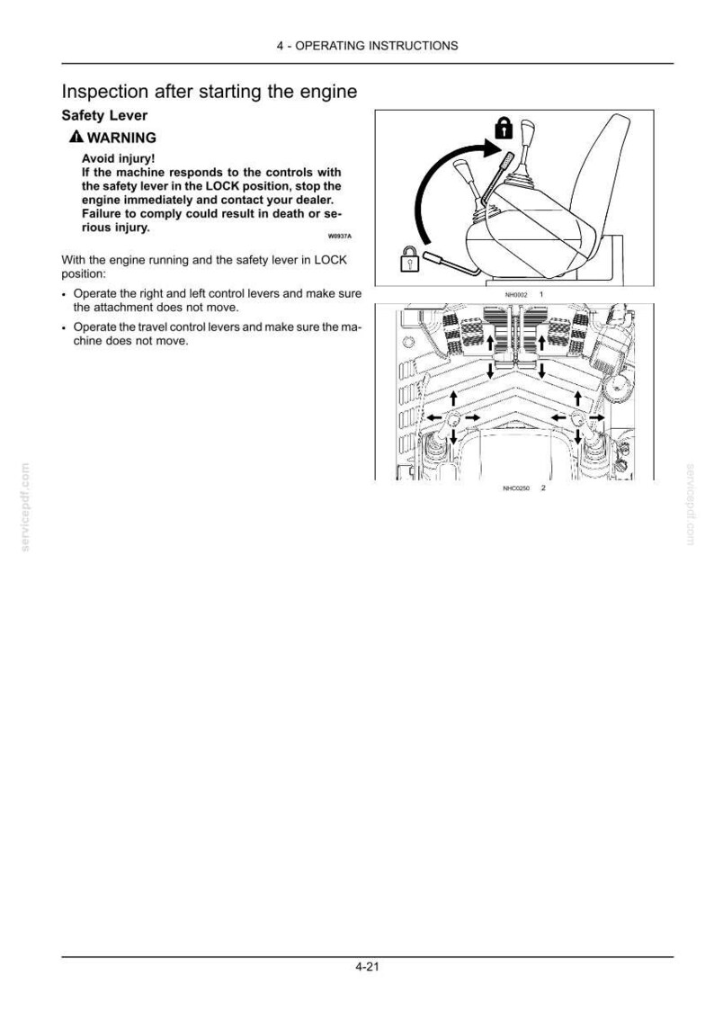 May include: Diagram from an operating manual showing safety lever instructions. The image includes illustrations of a control panel and levers, with arrows indicating movement and a warning about potential injury.