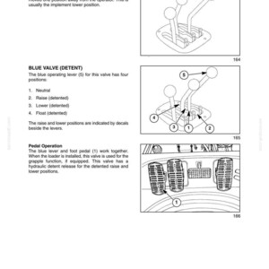May include: A technical manual page titled SECTION 2 - OPERATION featuring three diagrams. The first shows a lever labeled 1. The second shows a blue valve lever labeled 5 with positions 1 through 4. The third shows a foot pedal labeled 1.