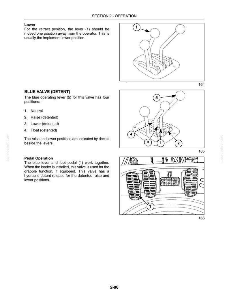 May include: A technical manual page titled SECTION 2 - OPERATION featuring three diagrams. The first shows a lever labeled 1. The second shows a blue valve lever labeled 5 with positions 1 through 4. The third shows a foot pedal labeled 1.