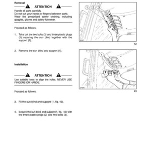 May include: A technical manual page titled SECTION 90 - PLATFORM, CAB, BODYWORK - CHAPTER 1, detailing the removal and installation of a sun blind. It includes two black and white line drawings showing numbered parts and instructional text.