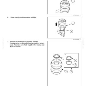 May include: Diagram of track suspension components, including a roller, bolts, and thrust plate. Instructions detail removing bolts with a 17 mm box wrench, lifting the roller, and removing the shaft. The image also shows a floating seal and O-ring.
