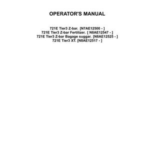 May include: White document with the "CASE CONSTRUCTION" logo and the text "OPERATOR'S MANUAL". Includes a list of equipment models: 721E Tier3 Z-bar, 721E Tier3 Z-bar Fertilizer, 721E Tier3 Z-bar Baggage suggar, and 721E Tier3 XT.