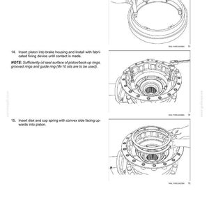 May include: Diagram of a rear axle system with planetary and final drives. The image shows detailed illustrations of the assembly process, including inserting pistons, disks, and springs. Text instructions accompany each step, providing guidance for the assembly.