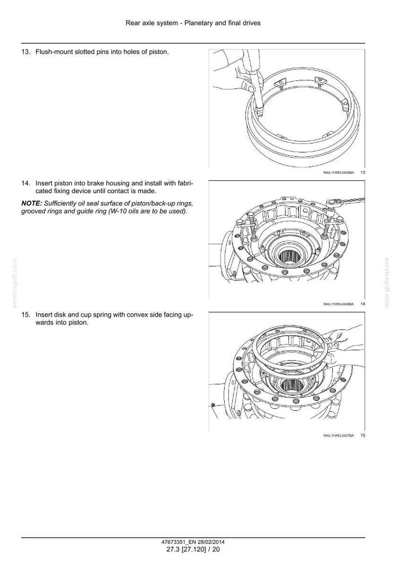 May include: Diagram of a rear axle system with planetary and final drives. The image shows detailed illustrations of the assembly process, including inserting pistons, disks, and springs. Text instructions accompany each step, providing guidance for the assembly.