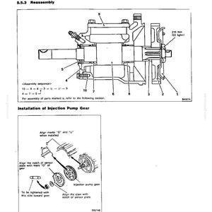 May include: A technical service manual page titled Fuel and Engine Control - Service Procedures, featuring a black and white line drawing of an injection pump assembly with numbered parts, assembly sequences, and a torque specification of 215 Nm.