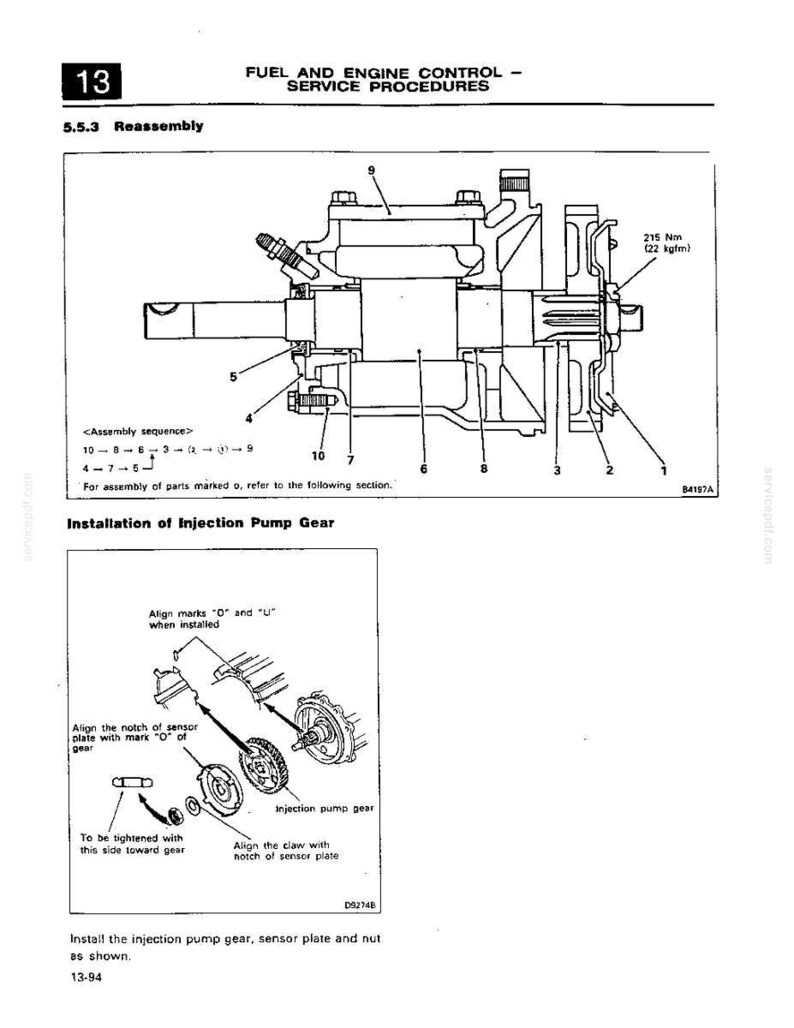 May include: A technical service manual page titled Fuel and Engine Control - Service Procedures, featuring a black and white line drawing of an injection pump assembly with numbered parts, assembly sequences, and a torque specification of 215 Nm.