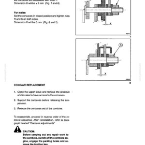 May include: Diagrams and instructions for combine maintenance, including concave replacement and separation adjustments. Features technical illustrations with labels and measurements in millimeters.