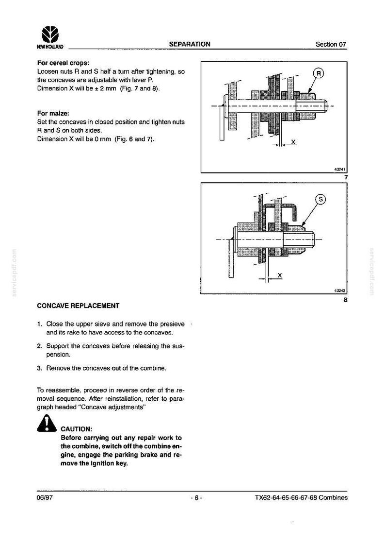 May include: Diagrams and instructions for combine maintenance, including concave replacement and separation adjustments. Features technical illustrations with labels and measurements in millimeters.