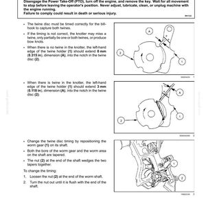 May include: Diagram illustrating twine guide system adjustments, with detailed component illustrations. Includes instructions on timing the twine disc and adjusting the worm gear. Measurements are in mm.