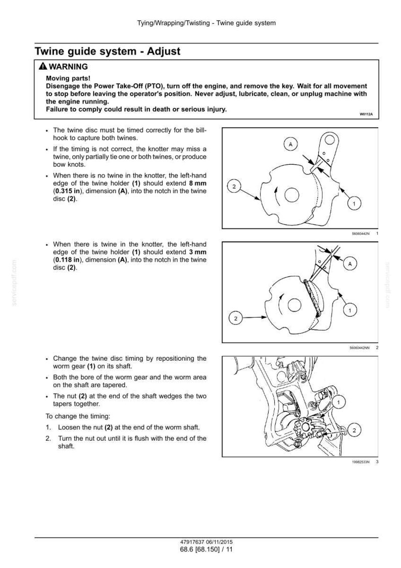 May include: Diagram illustrating twine guide system adjustments, with detailed component illustrations. Includes instructions on timing the twine disc and adjusting the worm gear. Measurements are in mm.