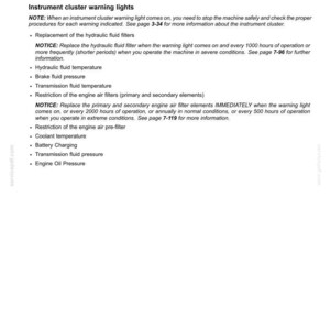 May include: A page from a maintenance manual with the title "Warning lights (Check)". The text lists several items to check when the warning light comes on, including hydraulic fluid temperature, brake fluid pressure, and engine oil pressure.