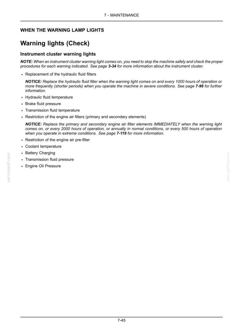 May include: A page from a maintenance manual with the title "Warning lights (Check)". The text lists several items to check when the warning light comes on, including hydraulic fluid temperature, brake fluid pressure, and engine oil pressure.