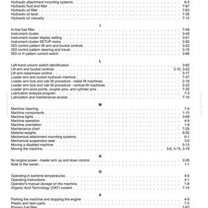 May include: A manual page featuring a table of contents. The black text on a white backdrop details subjects like 'Hand controls', 'Machine operation', and 'Product identification', each with associated page numbers.