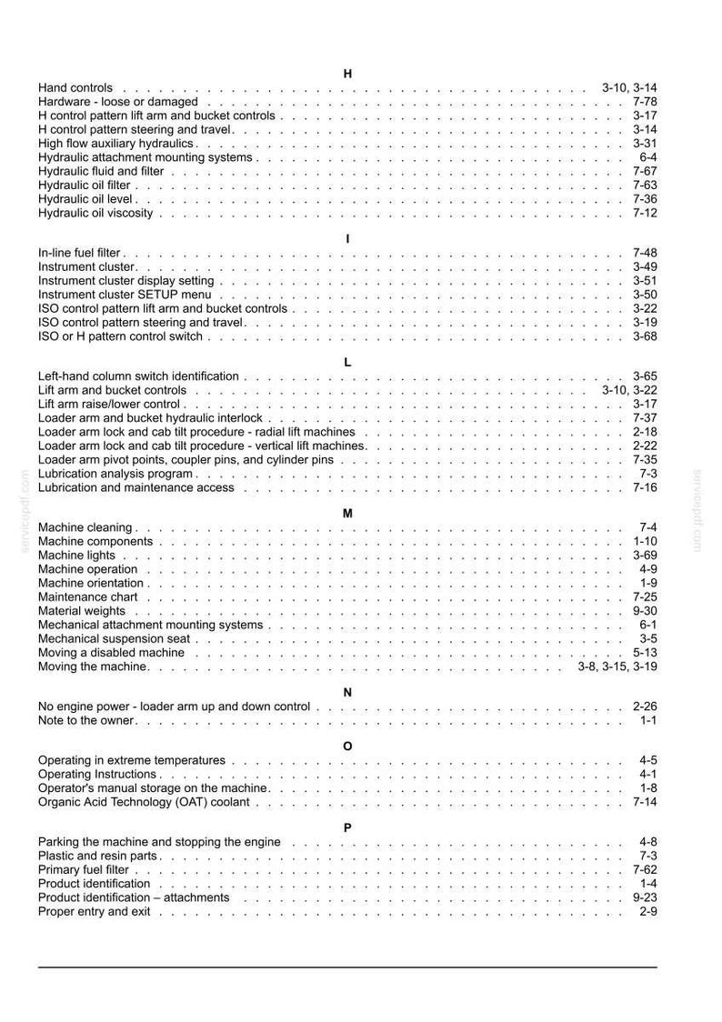 May include: A manual page featuring a table of contents. The black text on a white backdrop details subjects like 'Hand controls', 'Machine operation', and 'Product identification', each with associated page numbers.