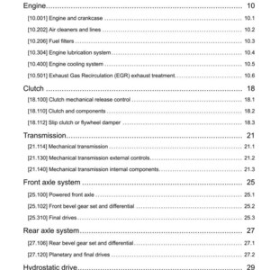Puede incluir: P&aacute;gina de manual con el t&iacute;tulo "Contenido", que enumera los componentes del motor, embrague, transmisi&oacute;n y sistema de ejes. Texto negro sobre fondo blanco.