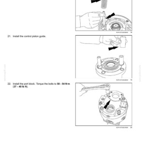 May include: Diagrams illustrating the assembly of a hydraulic system, including the installation of a counter piston spring, control piston guide, and port block. The instructions include torque specifications of 37-40 lb ft.