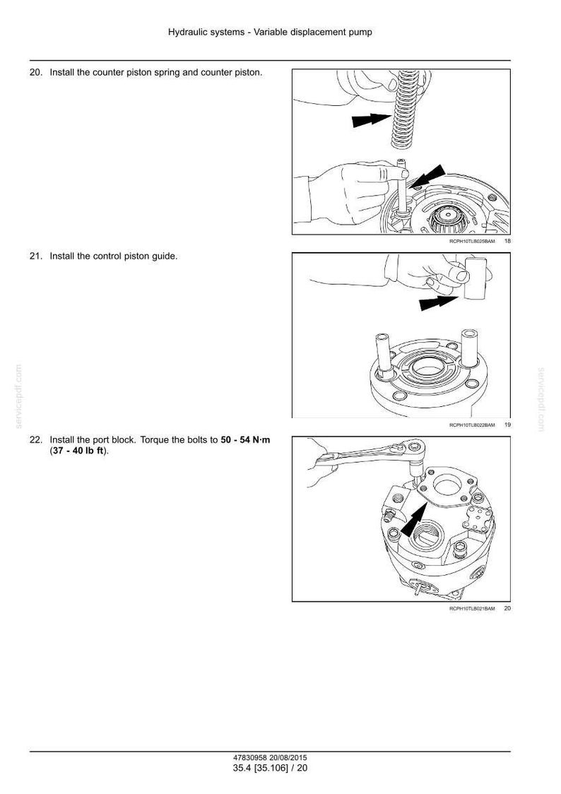 May include: Diagrams illustrating the assembly of a hydraulic system, including the installation of a counter piston spring, control piston guide, and port block. The instructions include torque specifications of 37-40 lb ft.