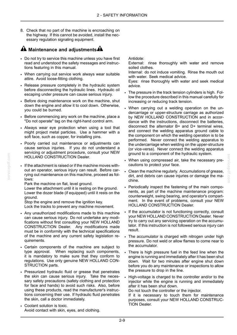 May include: A page of safety information for New Holland Construction machinery, featuring black text on a white background. The document outlines maintenance and adjustment procedures, including warnings about hydraulic systems, welding, and engine care.