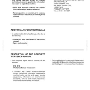 Op de afbeelding: Een wit document met de titel "INTRODUCTION" bovenaan. Het document bevat tekst over een werkplaatshandboek voor graafmachine modellen E16-E18, inclusief reparatieprocedures en contactgegevens.