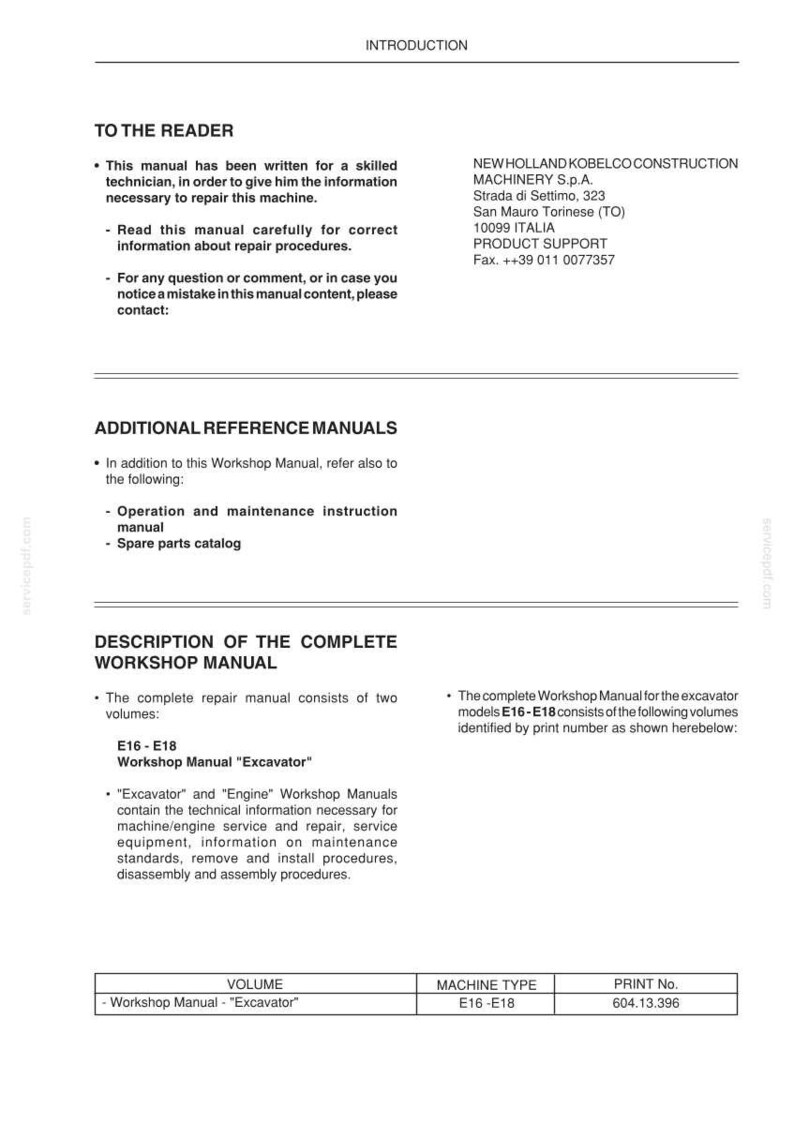 Op de afbeelding: Een wit document met de titel "INTRODUCTION" bovenaan. Het document bevat tekst over een werkplaatshandboek voor graafmachine modellen E16-E18, inclusief reparatieprocedures en contactgegevens.