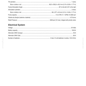 May include: A page from a manual detailing specifications for a vehicle's steering and electrical systems. Includes measurements in inches, such as 2.00 x 11.85 x 1.00 in for the bore x stroke x rod. Also lists voltage, battery capacity, and alternator details.