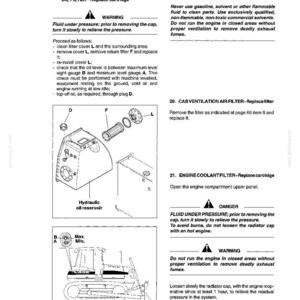 May include: A page from a manual with instructions for equipment maintenance. It includes diagrams and text detailing procedures for replacing oil and air filters, and other maintenance tasks. Warnings and safety precautions are also included.