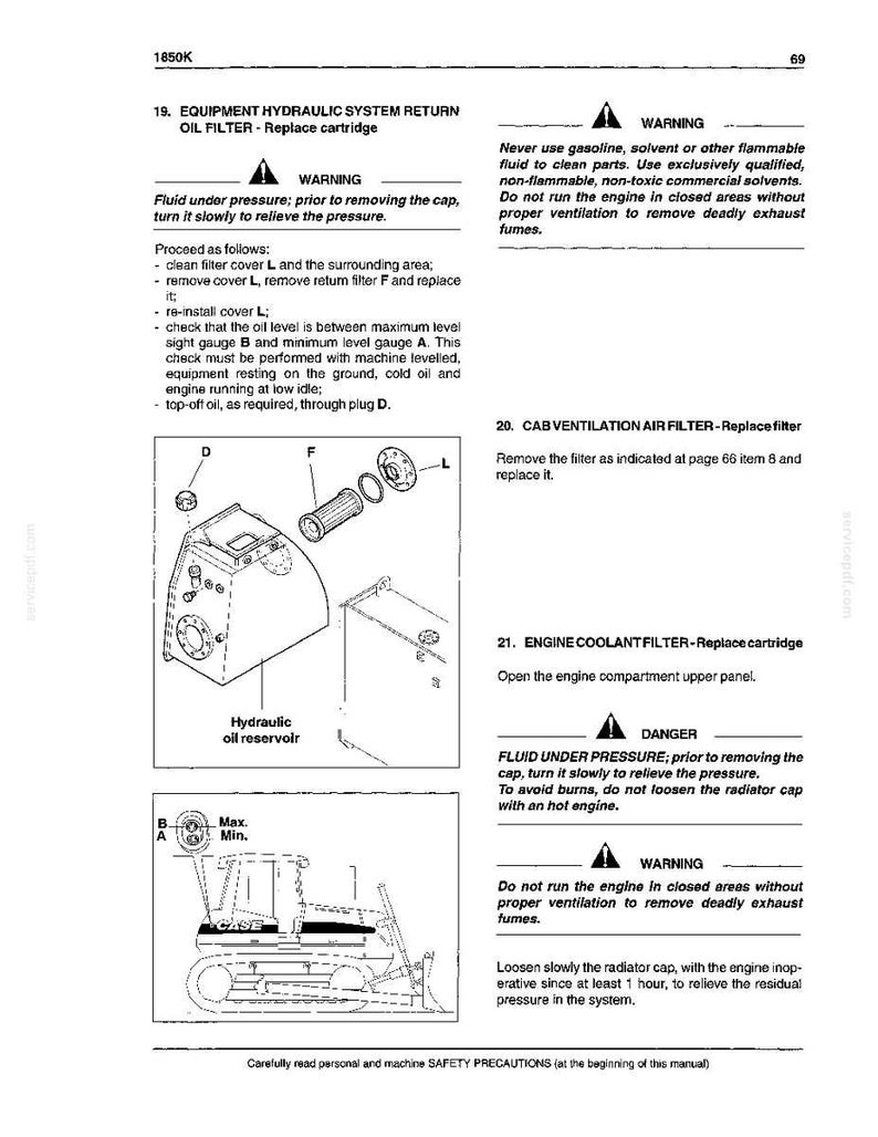 May include: A page from a manual with instructions for equipment maintenance. It includes diagrams and text detailing procedures for replacing oil and air filters, and other maintenance tasks. Warnings and safety precautions are also included.