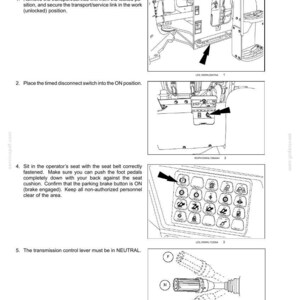May include: Diagram of operating instructions for a machine. Includes illustrations of steps such as removing a transport link, placing a switch in the ON position, and operating controls. The text includes instructions for the operator's seat and the transmission control lever.